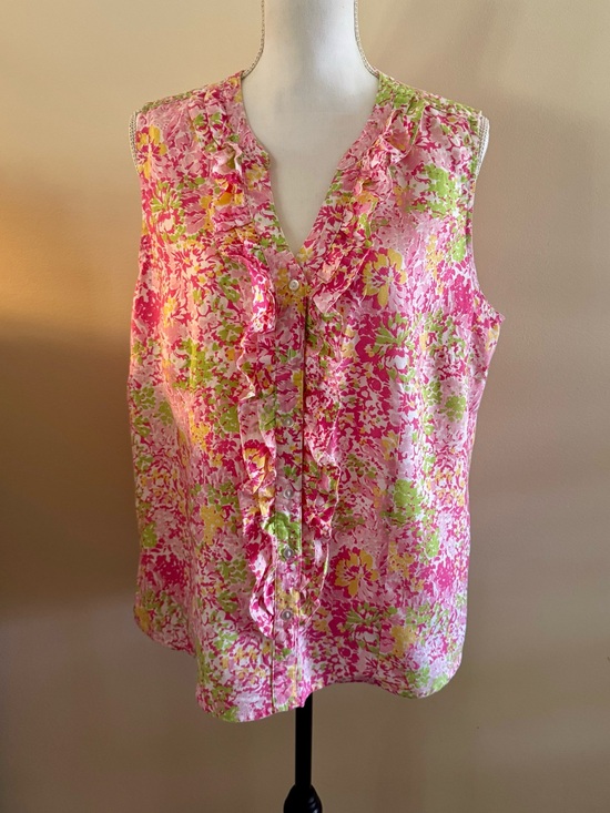 Kim Rogers Tops - Kim Rogers Pink Floral Ruffle Sleeveless Blouse